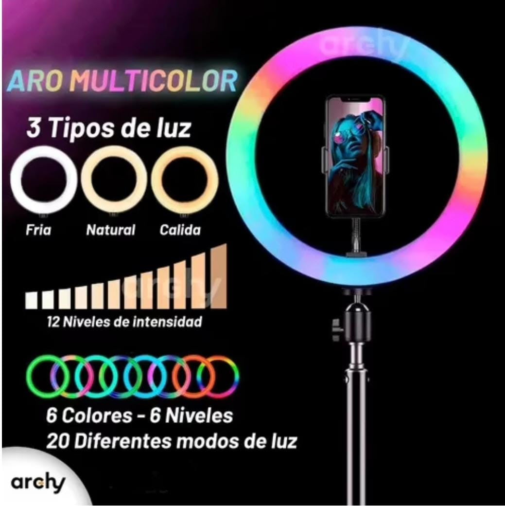 ARO DE LUZ LED RGB 10 PULG CON TRIPIE 2M