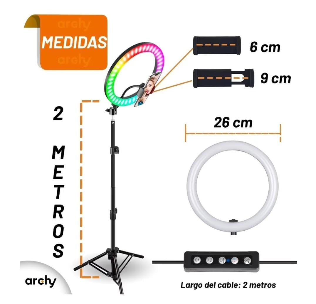 ARO DE LUZ LED RGB 10 PULG CON TRIPIE 2M