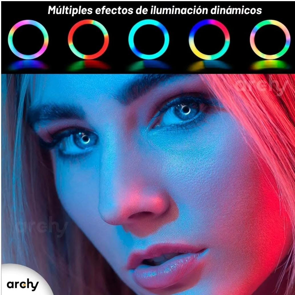 ARO DE LUZ LED RGB 10 PULG CON TRIPIE 2M